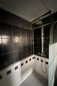 a bathroom with a shower with black and white tiles at L'Escapade Vierzonnaise in Vierzon +21 photos