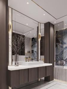 a bathroom with a sink and a large mirror at La Dolce Sosta in Venice +53 photos