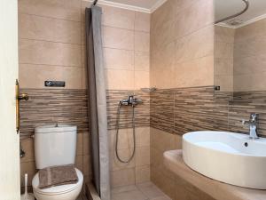 ein Badezimmer mit Waschbecken, Toilette und Dusche in der Unterkunft Volta Stonehouse Apartments in Frátsia + 31 Fotos