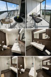 a collage of four pictures of a bathroom at New Eurovea Tower in Bratislava +33 photos