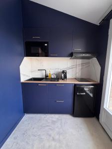 a blue kitchen with a sink and a stove at Studio Céleste - Clim - Parking gratuit - Proche CNPE Blayais in Braud-et-Saint-Louis +3 photos