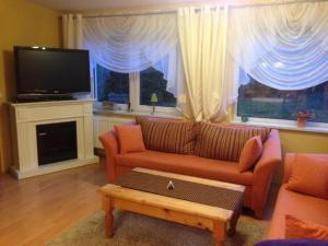 a living room with a couch and a tv at Ferienhaeuser-Am-Eichenberg-Haus-1 in Blankenburg +8 photos