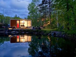 a cabin in the woods next to a body of water at Romantic tiny Pod for Two HotTub Pond FirePit in Haines Falls +47 photos