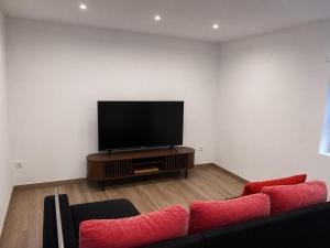 a living room with a couch and a flat screen tv at Casa do Rio in Freixieiro de Soutelo