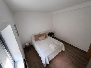 a small white bedroom with a white bed with two pillows at Casa do Rio in Freixieiro de Soutelo