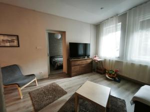 a living room with a flat screen tv and a bed at Family Residence in Eger