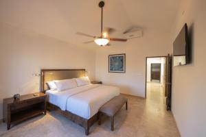 a bedroom with a bed and a ceiling fan at Rooftop Oasis Steps from the Malecon in La Paz