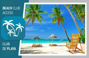 a beach club with a beach chair and palm trees at FIESTA DEL CARIBE - LOS CORALES beach in Punta Cana