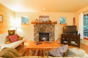 a living room with a fireplace and a teddy bear at Twin Lakes Cabin in Glacier +25 photos