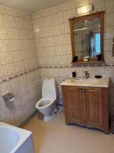 a bathroom with a toilet and a sink and a mirror at Villa in Kvidinge +20 photos