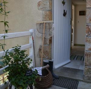 una porta d'ingresso con una pianta e un cesto accanto di Gîte La Bertichère a Saint-Jean-le-Thomas