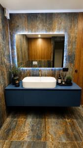 a bathroom with a sink and a large mirror at Coriva Homes - Cogolo in Cogolo