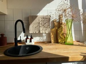 a kitchen counter with a sink and a vase with flowers at Lichtblick in Radebeul