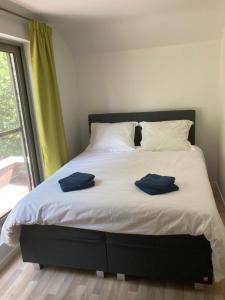 a bed with two blue towels on top of it at Magnolia in Wuustwezel