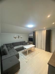 a living room with a couch and a table at Pateriku Apartments in Shkodër