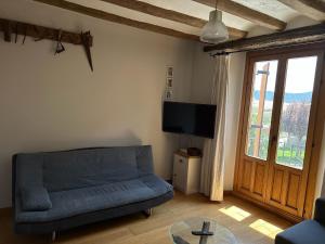 a living room with a blue couch and a tv at Casa Rural Iturrieta in Adiós