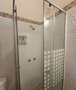 a shower with glass doors in a bathroom at Casa Fran Valparaíso | Vive un Hotel Temático in Valparaíso +167 photos