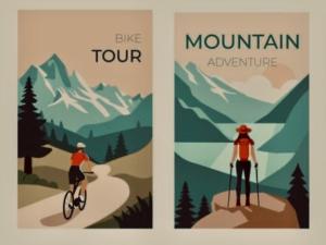 two posters of a person riding a bike in the mountains at Venez Dormir chez Nous Dans Les BaRoNNieS ! Dans notre Caravane CARavelaiR 1979 in Labastide