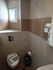a bathroom with a toilet and a window at Syrtaki Studios in Kámpos