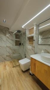 a bathroom with a shower and a toilet and a sink at Vila Kosteli in Himare +76 photos