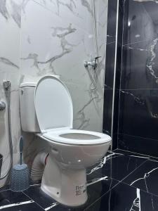 a bathroom with a toilet and a shower at House Aisha Rooftop Hostel in Aourir +44 photos