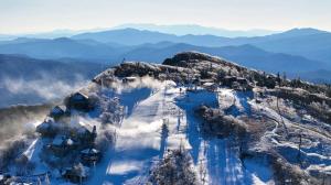 an aerial view of a ski slope on a mountain at Breathtaking Boutique Treehouse nestled in clouds in Beech Mountain +108 photos