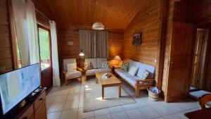 a living room with a couch and a tv at Chalet le Chal'Heureux in Mauroux