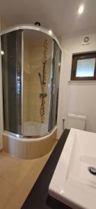 a bathroom with a shower with a sink and a mirror at Domki Malibu in Tupadła +12 photos