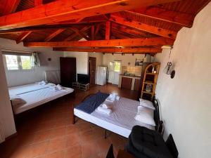 a large room with two beds and a kitchen at Nefeli's cozy apartment afytos in Afitos