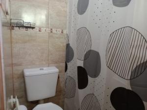 a bathroom with a toilet and a shower curtain at La cabaña de ines in El Bolsón +12 photos