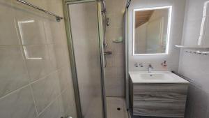 a bathroom with a shower and a sink at Ferienhaus-Bambi in Haren +14 photos