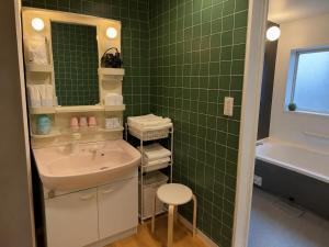 a green tiled bathroom with a sink and a tub at ParkView SAKURA in Aomori +31 photos
