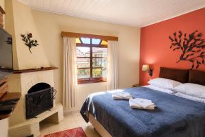 a bedroom with a bed and a fireplace and a television at Pousada Palma Chalés in Monte Verde