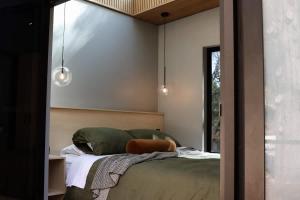 a bedroom with a green bed and a mirror at SHAK Halls Gap - Off Grid Tiny Home in Halls Gap