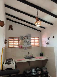 a kitchen with a stove and a sink in it at Cabañas Cañon Del Chicamocha in Aratoca