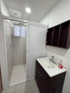 a bathroom with a shower and a sink and a shower at La cabaña del jaguar in Tepoztlán