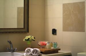 a bathroom with a sink and a mirror and towels at Neve Hagar in Bet Leẖem HaGelilit +25 photos