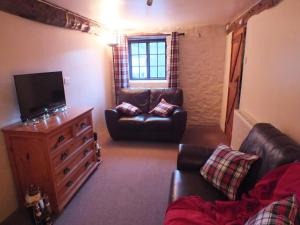 a living room with a couch and a television at The Byre in Llandovery