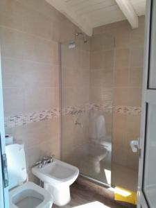 a bathroom with a toilet and a shower and a sink at Iorana in Villa Berna