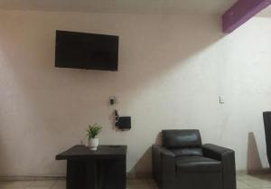 a living room with a chair and a television on a wall at Amueblados Casa Conchita in León
