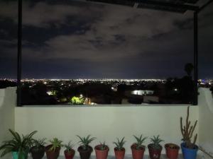 a view of a city at night from a window with potted plants at Amueblados Casa Conchita in León +11 photos