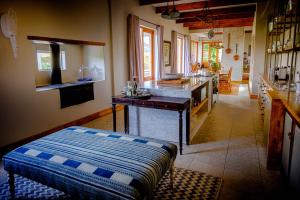 a large kitchen with a counter in a room at Vrisch Gewagt Boutique Self-Catering Olive Farm in Prince Albert