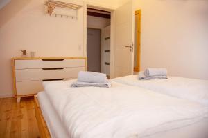two twin beds in a room with a dresser at Ferienwohnung-Am-Ufer-an-der-Mueritz in Rechlin