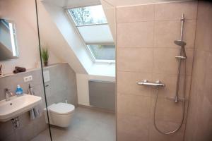 a bathroom with a shower and a toilet and a sink at Ferienwohnung-Am-Ufer-an-der-Mueritz in Rechlin +8 photos