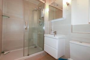 a bathroom with a shower and a toilet and a sink at Rock House in Tintagel