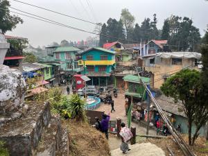 a group of people walking around a town with houses at Ningma Lamu Homestay in Mangpu