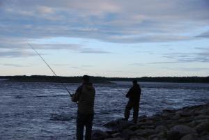 two people fishing on the rocks in the water at Hostel Finnmyrten in Juoksengi
