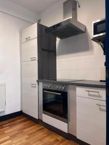 a kitchen with a stove and a stove top oven at Modernes City Apartment 8km Red Bull Ring in Knittelfeld +15 photos