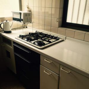 a kitchen counter with a stove and a microwave at Kusatsu KOTODAMA in Kusatsu