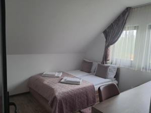 a small bedroom with a bed and a window at Green Valley Guesthouse in Izvoru Mureşului